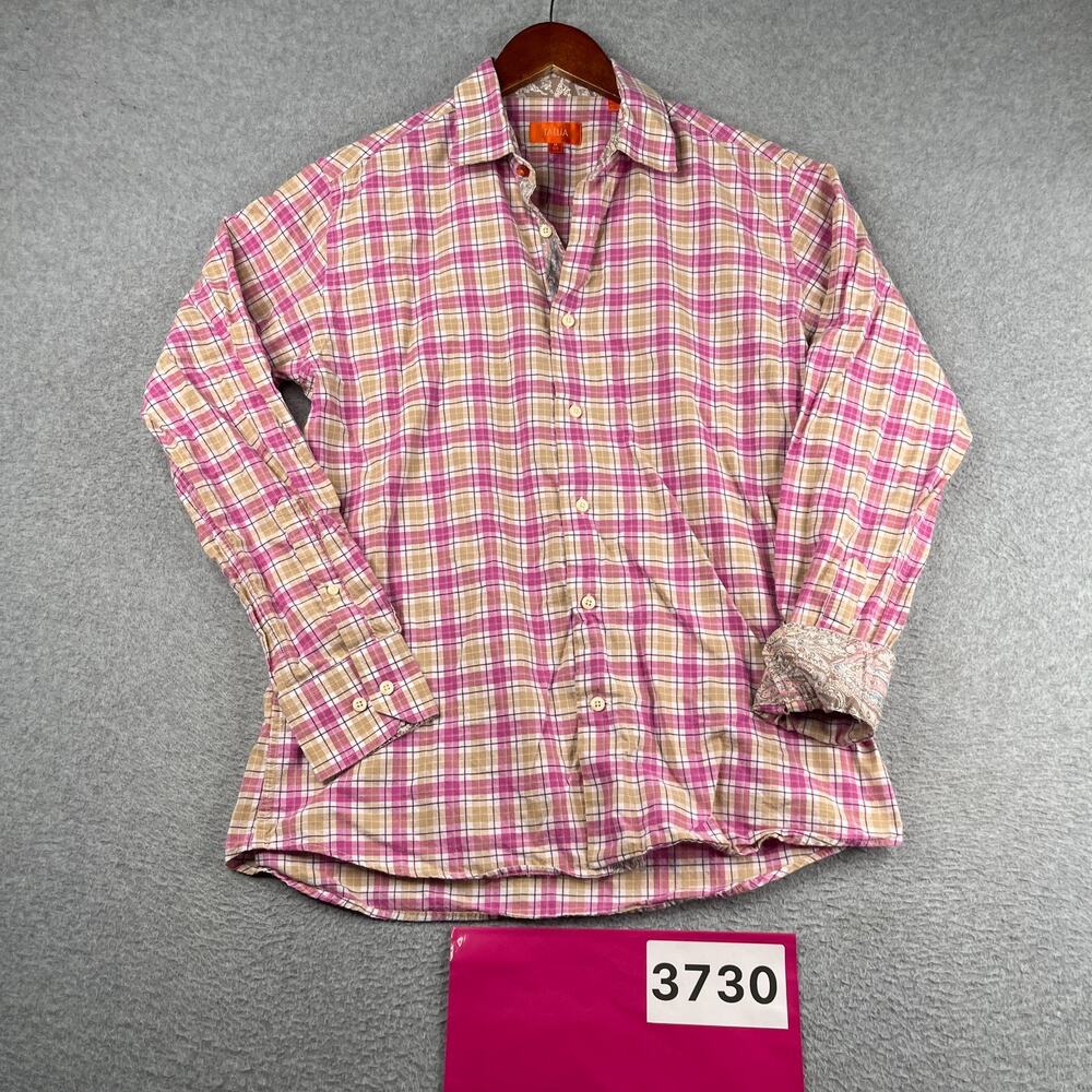 Tallia Pink Plaid Casual Shirt Flip Cuff Button Up Long Sleeve Mens Medium